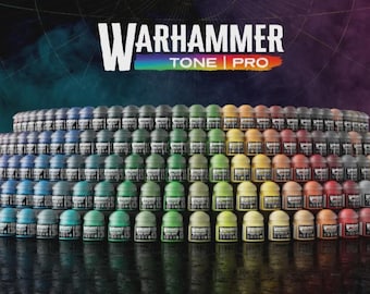 May include: A large collection of small, round paint pots arranged in a tiered, semi-circular display. Each pot features a label with the text Warhammer Tone Pro. The pots display a wide spectrum of colors including blues, greens, yellows, reds, and grays.