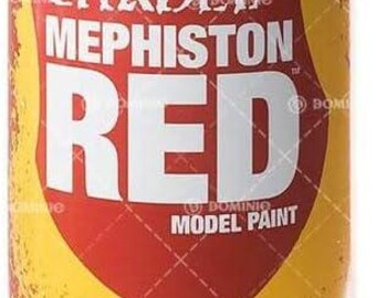 May include: Citadel Mephiston Red model paint in a 10.5 oz (297g) aerosol can. The can features a red and yellow label with the text "Citadel Mephiston Red Model Paint". It includes hazard symbols and warnings about flammability and irritation.