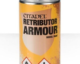 May include: Citadel Retributor Armour model paint spray can. The can is primarily gold and brown with the product name in large black letters. The can has a clear plastic cap and contains 10.3 oz (292g) of paint. Warning labels are visible.