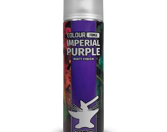 May include: A can of "Imperial Purple" model primer spray paint with a matte finish. The can has a silver cap and a label with the brand name "Colour Forge" and a graphic of an anvil.