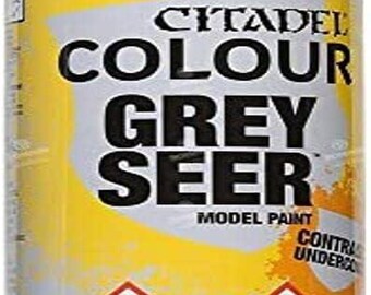 May include: Citadel Grey Seer model paint in a spray can. The can is yellow and gray with black text and hazard symbols. The net contents are 10.3 oz (293g).
