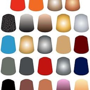 Könnte beinhalten: Ein Set mit 25 Miniatur-Farbtöpfen in verschiedenen Farben, darunter Rot, Orange, Braun, Grau, Blau und Schwarz. Die Farbtöpfe sind in einem Raster angeordnet.