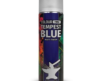 May include: A can of "Colour Forge Tempest Blue" model primer with a matte finish. The can is cylindrical with a silver cap and features a blue label with white text and a graphic of an anvil. The background has colorful abstract art.