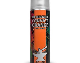 May include: A cylindrical spray paint can with a silver cap. The can is labeled "COLOUR FORGE CONVICT ORANGE MATT FINISH" with a white anvil graphic. The background features colorful abstract designs. The product is a model primer.