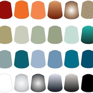 Puede incluir: Un conjunto de 20 pequeños botes de pintura, cada uno con un color de pintura diferente. Los colores incluyen rojo, naranja, amarillo, marrón, beige, verde, azul, gris, blanco y negro.