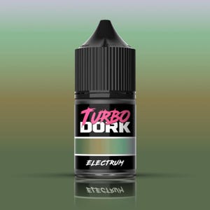 May include: A black bottle with a black cap. The bottle has the words "Turbo Dork" in pink and white. Below the text are green and gold stripes. The word "Electrum" is printed in white on a black background.