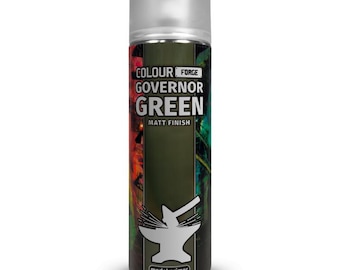 May include: A can of Governor Green model primer spray paint with a matte finish. The can has a silver cap and features the text "COLOUR FORGE GOVERNOR GREEN MATT FINISH" and a graphic of an anvil.