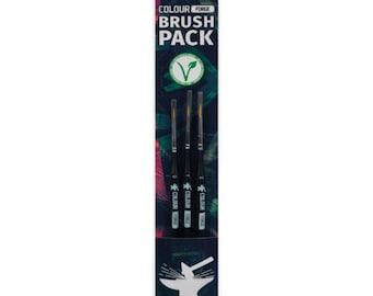 May include: A Colour Forge Brush Pack containing three black paint brushes with numbered handles. The packaging features the text Colour Forge Brush Pack, a green vegan symbol, and a white anvil graphic on a dark blue and black background.
