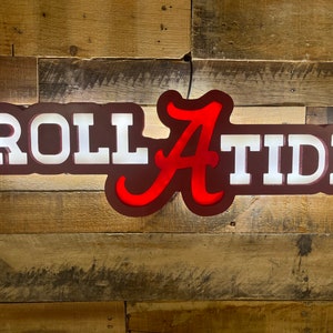 Alabama Crimson Tide Custom, Roll tide, Sports Logo RGB LED Lighted Wall Sign, Bar Sign, Man Cave, Garage