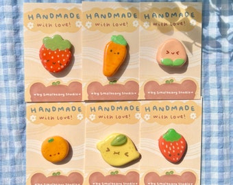 Cute handmade fruit and veg clay pins aesthetic / badge / brooch