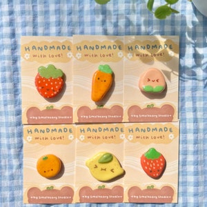 Cute handmade fruit and veg clay pins aesthetic / badge / brooch