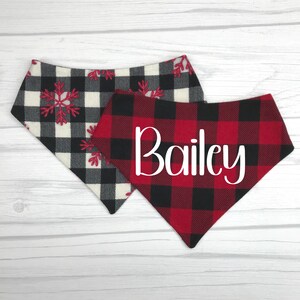 Snowflakes and Red Buffalo Plaid, Personalized, Soft Flannel Holiday Christmas, Reversible Dog Bandana, Pet Neckwear