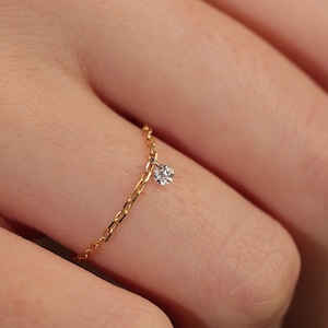 Anillo de oro con diamantes auténticos, cadena flotante de diamantes sin engarce, delicado anillo apilable con dije de diamante y piedra de nacimiento, colección &quot;Dance Me&quot;