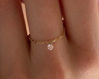 Real Diamond, Floating Bare Set Free Diamond Gold Chain Ring Dainty Stacking Ring, Birthstone Diamond Charm Ring “Dance Me” Collection
