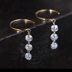 Real Diamonds Set Free Bare Floating Diamond 3 Station Single Earring, 14k Solid Gold Diamond Charm Earrings. “Dance Me” Collection