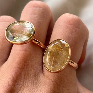 Simplicity Golden Rutilated Quartz Ring, Faceted Surface, 9k, 14k, 18k Solid Rose Gold, Statement Ring, Cocktail Ring, Handmade