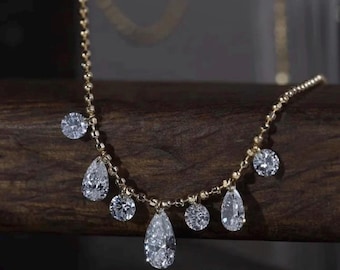 7 Real Diamonds Set Free Bare Floating Diamond Necklace, 18k Gold Diamond Charms Necklace, Diamond Station Necklace, “Dance Me” Collection
