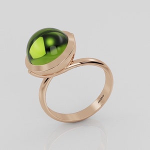 Green Tourmaline Round Cabochon Birthstone 9K, 14k, 18k Solid Gold Ring, Statement Ring, Cocktail Ring, Handmade Fine Jewelry Gift