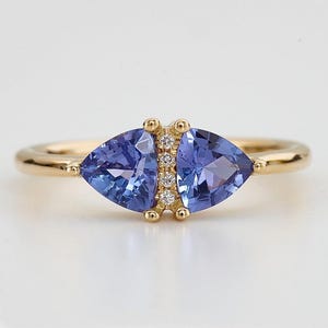 Natural Trillion Tanzanite Diamond Ring, 9K, 14k, 18k Solid Gold, Statement Ring, Cocktail Ring, Handmade Fine Jewelry