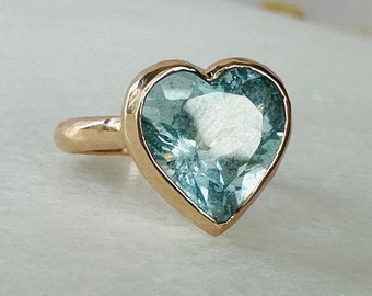 Large Natural Aquamarine Solid Gold Ring, Heart Gem Ring, March Birthstone, 9K, 14k, 18k Solid Gold, Statement, Bezel Setting, Designer,