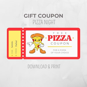 Tarjeta de regalo Pizza Night imprimible, Ticket de pizza retro, Vale de restaurante, Cupón de regalo, Certificado de regalo, descarga e impresión, Regalo de último minuto