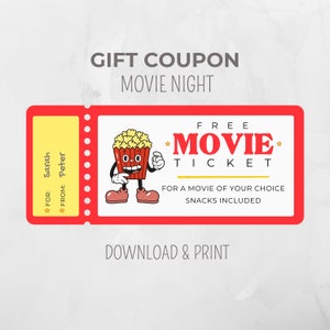 Tarjeta de regalo imprimible Noche de cine, Entrada de cine retro, Vale de cine, Cupón de regalo, Certificado de regalo, descargar e imprimir, Regalo de último minuto