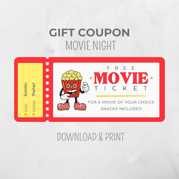 Gift Card printable Movie Night, Retro Movie Ticket, Voucher Cinema, Gift Coupon, Gift Certificate, download and print, Last Minute Gift