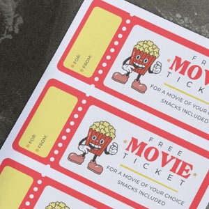 Gift Card Printable Movie Night, Retro Movie Ticket, Voucher Cinema ...