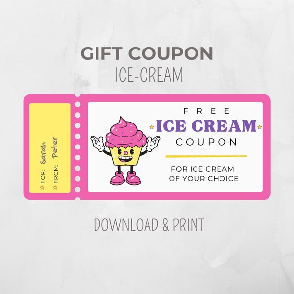 Gift Card Ice Cream printable, Retro Gelato Ticket, Voucher Restaurant, Gift Coupon, Gift Certificate, download and print, Last Minute Gift