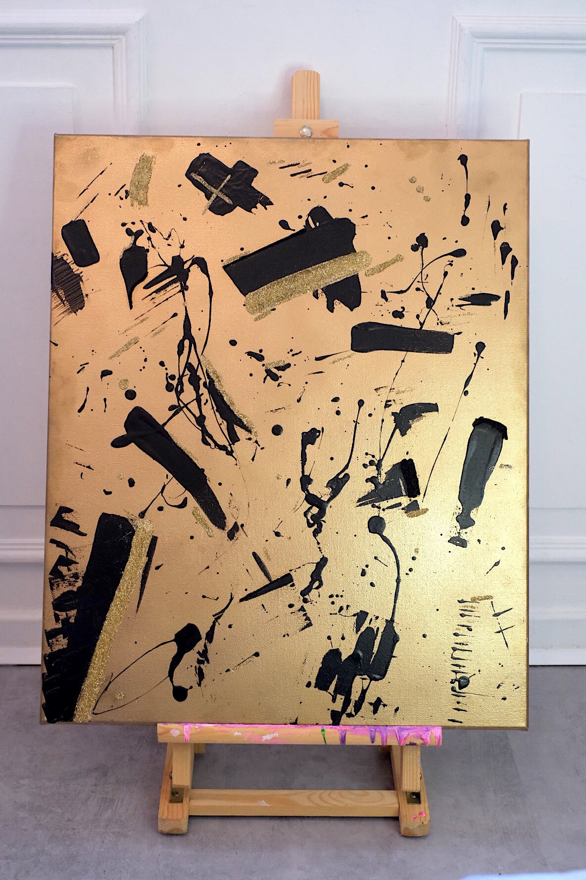 Tableau Art Abstrait Doré Or avec Paillettes 50x60cm Acrylique/Gold Canva Painting With Glitters Acr