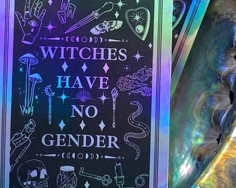 Pegatina holográfica arcoíris "Las brujas no tienen género" - Orgullo LGBTQ+ Brujería Trans Agénero No Binario
