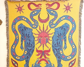 Snake Goddess Tapestry: Celestial Witchcraft Decor, 100% Cotton Blanket