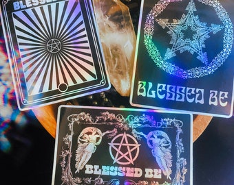 BLESSED BE-4 Inch Sticker Pack of 3, Holo Psychedelic Pentagram, Occult Pagan Witch Grimoire Journal Planner Sticker, Esoteric, Waterproof