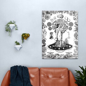 May include: Black and white illustration of a woman standing in a tree with the words "Dear Biodiversity" written on the trunk. The tree is surrounded by an infinity symbol, a brain, an hourglass, a key, and other symbols. The woman is standing on a planet with stars in the background.