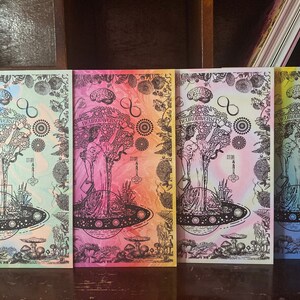 May include: Four colorful prints of a woman standing in front of a tree with the text "The Mushroomist" and an infinity symbol. The background is a gradient of pink, blue, green, and yellow.