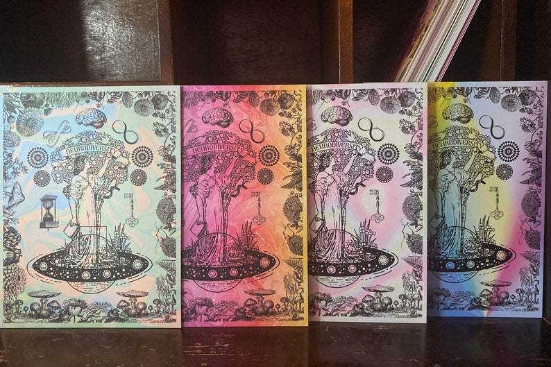 May include: Four colorful prints of a woman standing in front of a tree with the text "The Mushroomist" and an infinity symbol. The background is a gradient of pink, blue, green, and yellow.