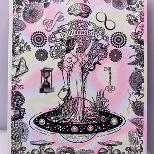 May include: A black and white illustration of a woman standing in a tree with the word "Neurodiversity" on a banner above her. The woman is standing on a planet surrounded by mushrooms and other botanical elements. The background is a pink and yellow gradient.