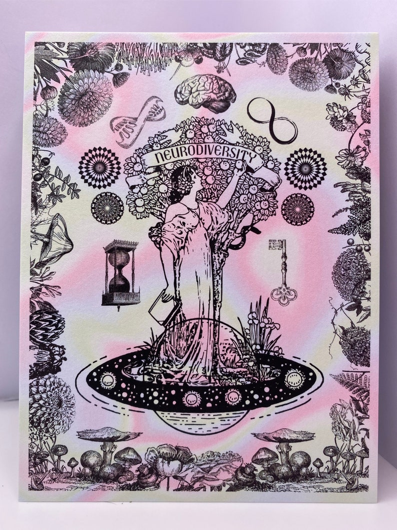 May include: A black and white illustration of a woman standing in a tree with the word "Neurodiversity" on a banner above her. The woman is standing on a planet surrounded by mushrooms and other botanical elements. The background is a pink and yellow gradient.
