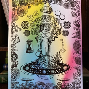 May include: A black and white illustration of a woman standing on a planet with a tree growing out of it. The woman is holding a branch with a banner that reads "Neurodiversity". The image is surrounded by a rainbow gradient and various botanical illustrations.