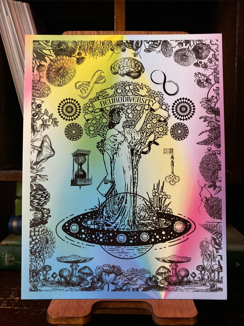 May include: A black and white illustration of a woman standing on a planet with a tree growing out of it. The woman is holding a branch with a banner that reads "Neurodiversity". The image is surrounded by a rainbow gradient and various botanical illustrations.