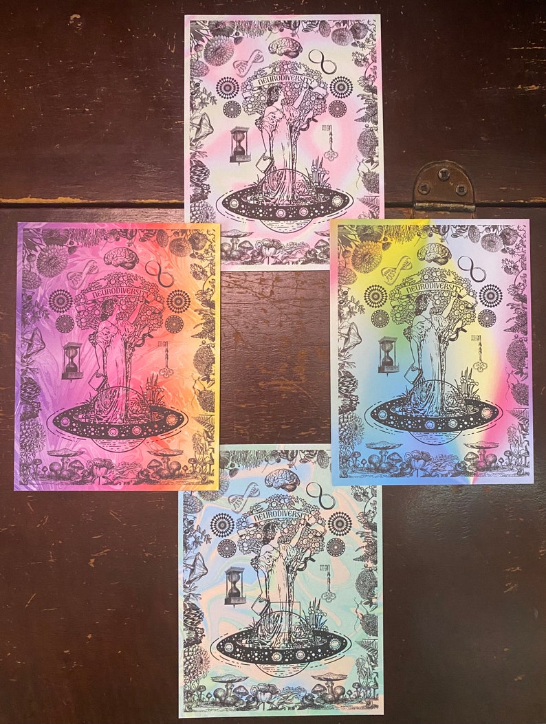 May include: Four psychedelic prints with a rainbow gradient background. Each print features a black and white illustration of a tree with a woman standing in it. The woman is holding a book and a key. The text "DEATHMOODIVERSITY" is written on a banner above the tree. The tree is surrounded by mushrooms and other plants. The prints are all the same design, but each has a different color gradient.