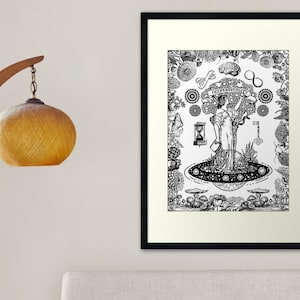 May include: Black and white illustration of a woman standing in a tree with the words "Neurodiversity" on the trunk. The woman is holding a branch with an infinity symbol on it. The illustration is surrounded by various symbols and designs, including mushrooms, flowers, and a brain.