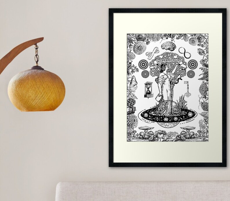 May include: Black and white illustration of a woman standing in a tree with the words "Neurodiversity" on the trunk. The woman is holding a branch with an infinity symbol on it. The illustration is surrounded by various symbols and designs, including mushrooms, flowers, and a brain.