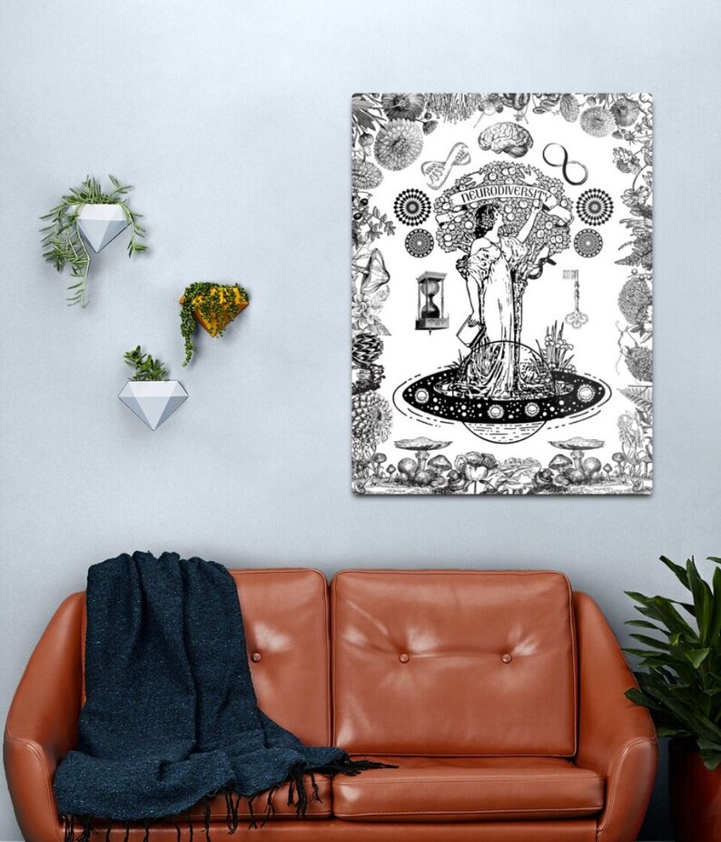 May include: Black and white illustration of a woman standing in a tree with the words "Dear Biodiversity" written on the trunk. The tree is surrounded by an infinity symbol, a brain, an hourglass, a key, and other symbols. The woman is standing on a planet with stars in the background.