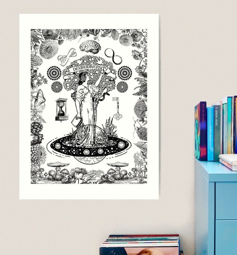 May include: Black and white illustration of a tree with the word "Neurodiversity" on a banner. The tree is surrounded by various symbols, including a brain, an hourglass, a key, and mushrooms. The tree is growing out of a planet with a ring around it.