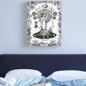 May include: Black and white illustration of a woman standing on a planet with the word "Neurodiversity" written on a tree above her. The illustration is surrounded by a border of flowers, mushrooms, and other botanical elements.