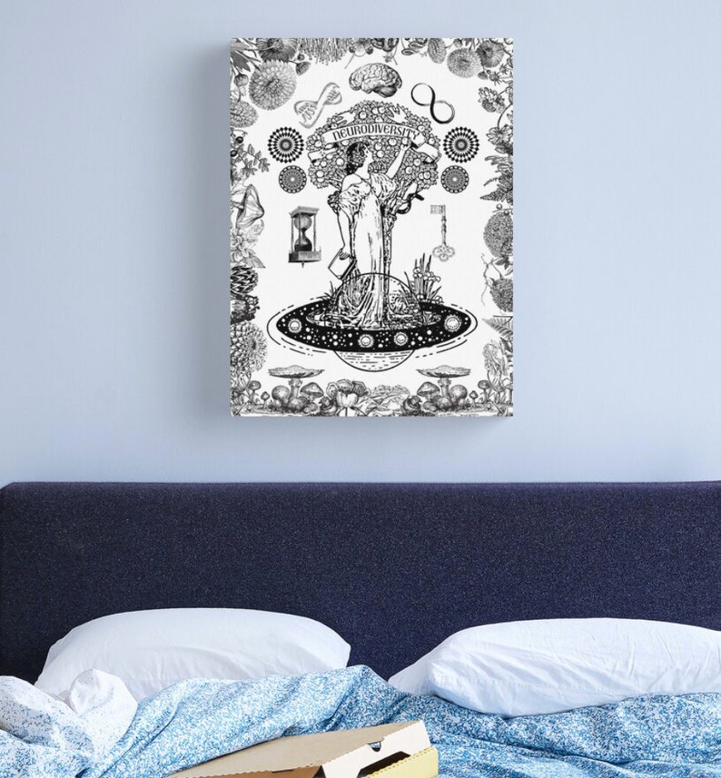 May include: Black and white illustration of a woman standing on a planet with the word "Neurodiversity" written on a tree above her. The illustration is surrounded by a border of flowers, mushrooms, and other botanical elements.