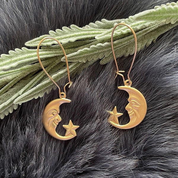Small Gold Brass Moon With Star Earrings, Handmade Insect, Gold Plated Kidney Ear Wires