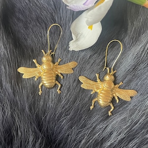 Large Gold Brass Flying Bumblebee Earrings, Handmade Insect, Gold Plated Kidney Ear Wires