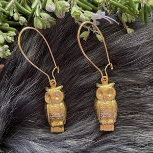 Medium Gold Brass Cute Owl Earrings, Handmade, Gold Plated Kidney Ear Wires